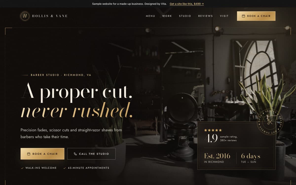 Top of the Hollis & Vane sample website